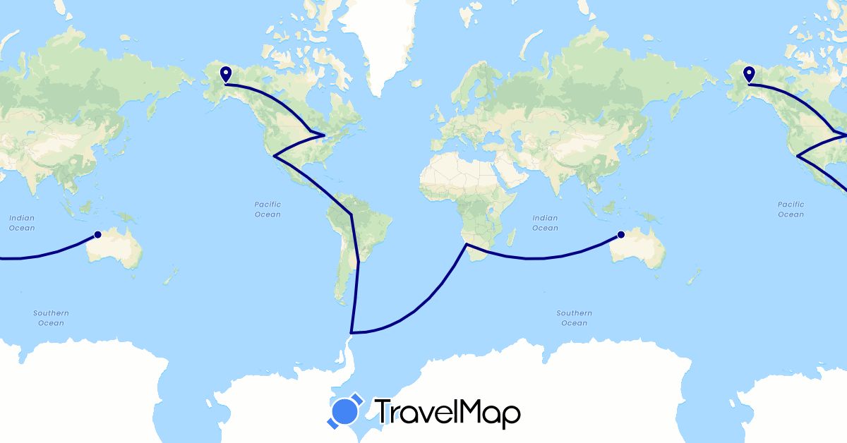 TravelMap itinerary: driving in Argentina, Australia, Brazil, Canada, Namibia, United States (Africa, North America, Oceania, South America)